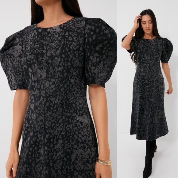 En Saison NEW Charcoal Gray Harlow Denim Animal Print Midi Dress Size XS - Picture 1 of 8